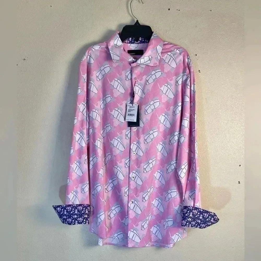 Quieti Shirt Mens Small Pink Palm Leaf Flip Cuff Nova 8-way Stretch Cotton NEW